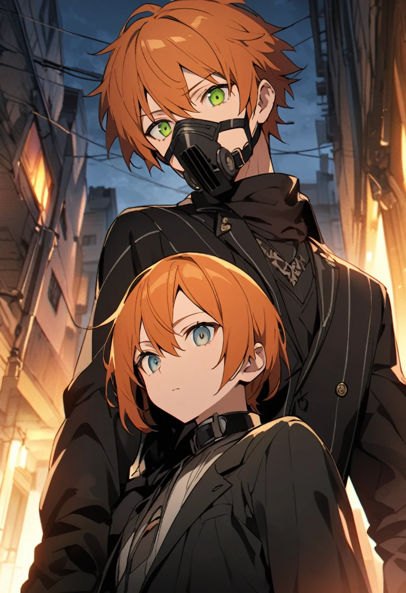 One man、Beautiful eyes、Orange Hair、Green Eyes、ハイライトのBeautiful eyes、evening、Dark Back Alley、Holding a gun、Pistol、Black suit、Long sleeve、Cool angle、Point the muzzle at us、Expressionless、cool、Upper Body、Pistolを向ける、Pistolを構える、