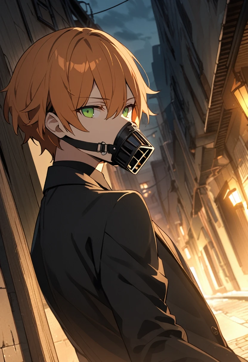 One man、Beautiful eyes、Orange Hair、Green Eyes、ハイライトのBeautiful eyes、evening、Dark Back Alley、Holding a gun、Pistol、Black suit、Long sleeve、Cool angle、Point the muzzle at us、Expressionless、cool、Upper Body、Pistolを向ける、Pistolを構える、