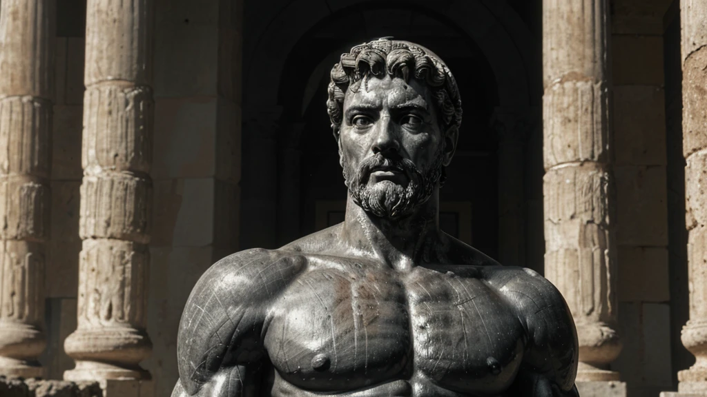 a portrait statue of the stoic Marcus Aurelius in black and white 4K, Super realistic ANCIENT GREEK RUINS, fully body, corpo stark, brawny, stark, wearing no shirt, tronco stark, stark, wearing no shirt, strong arms, 8K, ultra realisitic, cinematographic