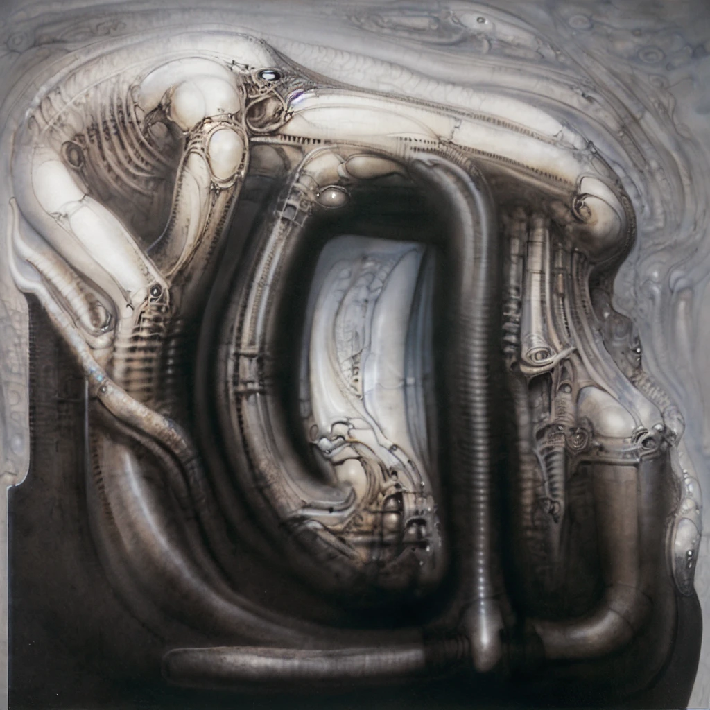 The image is a detailed view of H.R. Giger's Tableau \"NYC \" plate.  The image is a black and white illustration depicting a surreal landscape with a large city-like structure, featuring intricate pipes and mechanical parts, set against a cloudy sky.
 It's acomplex, abstract bone and ivory structure that resembles pipes and wires. The structure is composed of numerous pipes and wires intertwining and overlapping each other in a chaotic yet harmonious manner.
The style  is clearly biomechanical. Features combination of organic and mechanical forms. Mechanical elements dominate the background of composition, there are subtle organic hints. The use of undersaturated purple-grays dark contrasts creates a stark and graphic look. Is used a variety of linework techniques to create different textures. Fine, parallel lines create a smooth, metallic texture,while thicker, more cursive lines suggest cables or wires. The artwork is shiny and purplish brown, with an ivory bones prominently displayed. The image is highly detailed and intricate, almost like a 3d version of a medical diagram (detailed view of an anatomy sketch, possibly of a humanoid body, with transparent organs and bones exposed). The piece has a thick mechano-organic texture and is covered in fine details. The image has a swirling, organic quality to it. The artistic manner would be unmistakably Gigeresque. A dark and unsettling beauty would permeate the piece, blurring the lines between fascination and repulsion , forever haunted by the grotesque allure. Giger's signature artistic manner would be evident in every stroke. The airbrush would be wielded with masterful precision to create a hyperrealistic yet yet nightmarish aesthetic.
 The texture of ivory with signs of burning and fossilization can be seen in the mix of smooth and rough brushstrokes,hrgiger,HRGigerArhP style