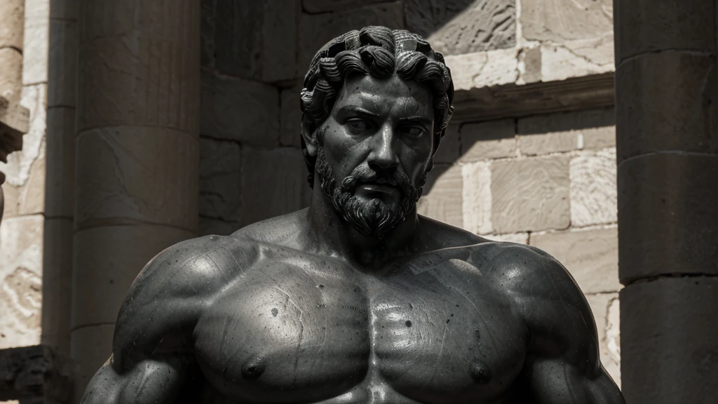 a portrait statue of the stoic Marcus Aurelius in black and white 4K, Super realistic ANCIENT GREEK RUINS, fully body, corpo stark, brawny, stark, wearing no shirt, tronco stark, stark, wearing no shirt, strong arms, 8K, ultra realisitic, cinematographic