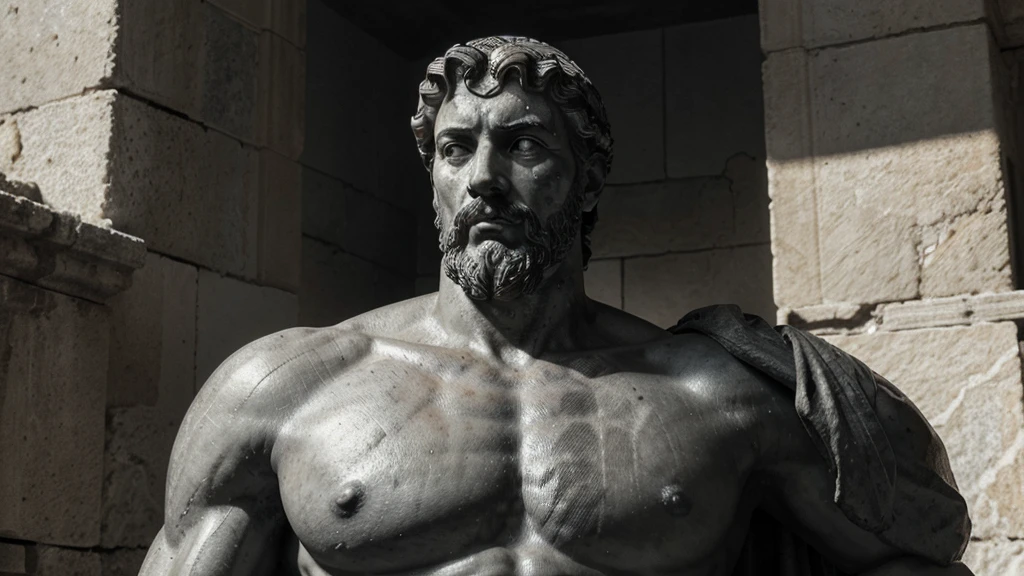 a portrait statue of the stoic Marcus Aurelius in black and white 4K, Super realistic ANCIENT GREEK RUINS, fully body, corpo stark, brawny, stark, wearing no shirt, tronco stark, stark, wearing no shirt, strong arms, 8K, ultra realisitic, cinematographic