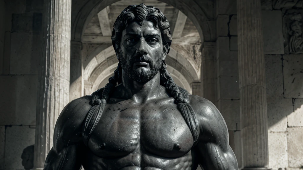 a portrait statue of the stoic Marcus Aurelius in black and white 4K, Super realistic ANCIENT GREEK RUINS, fully body, corpo stark, brawny, stark, wearing no shirt, tronco stark, stark, wearing no shirt, strong arms, 8K, ultra realisitic, cinematographic