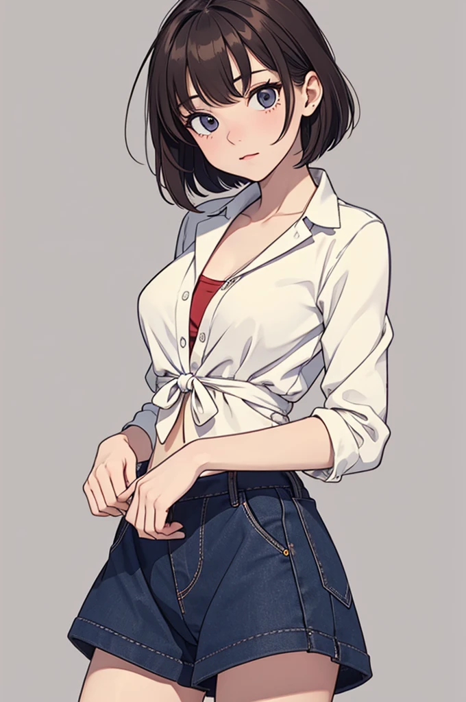 (((masterpiece, best quality, ultra highres, 1 girl, solo, no background))), super detailed skin and face and eyes and finger, beautiful japanese woman, small :1.5, skinny, light brown hair, white background, very short pixie hair, (an illustration of girl), Knee shot, Generate with illustrations, Various expressions, Various poses, outline, anime, casual fashion,