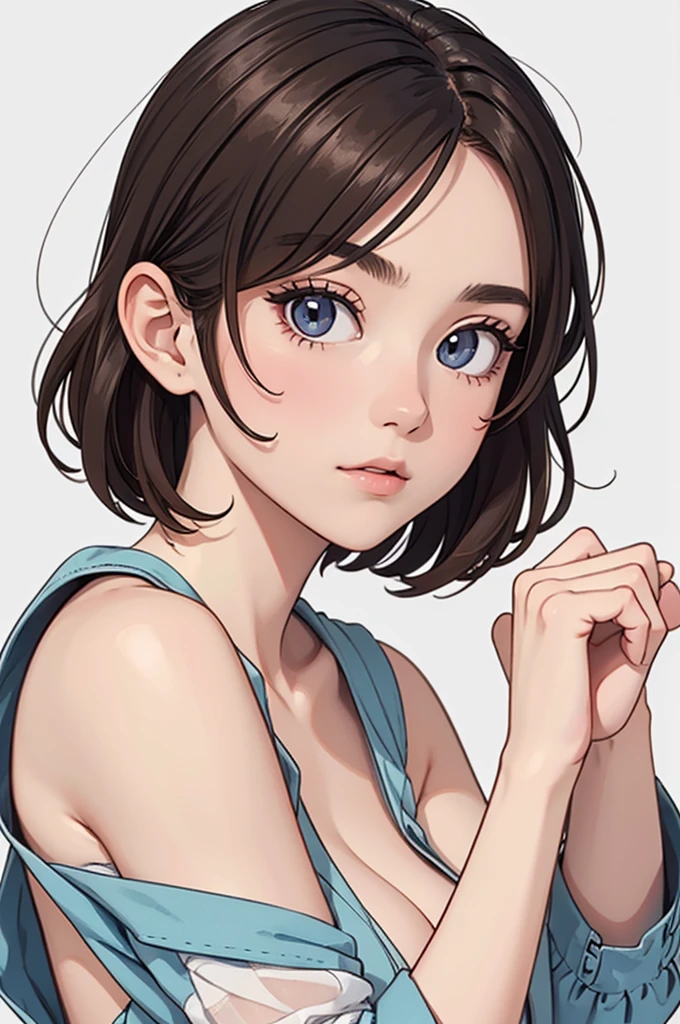 (((masterpiece, best quality, ultra highres, 1 girl, solo, no background))), super detailed skin and face and eyes and finger, beautiful japanese woman, small breasts:1.5, skinny, light brown hair, white background, very short pixie hair, (an illustration of girl), Knee shot, Generate with illustrations, Various expressions, Various poses, outline, anime, casual fashion,