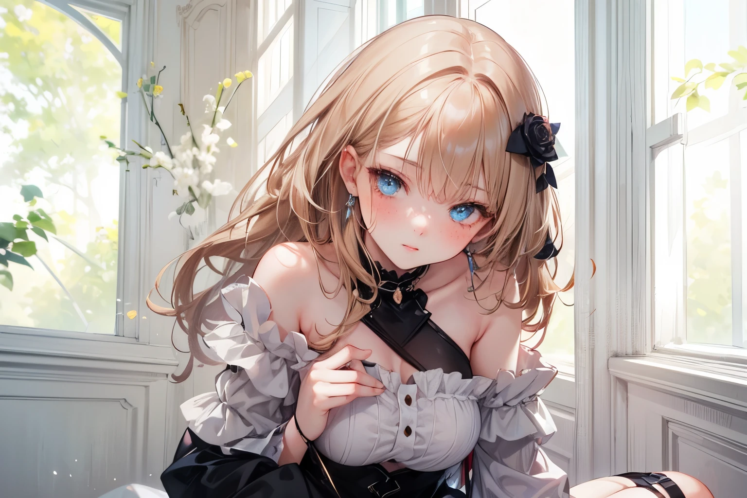 ((girl and man)), , Dynamic posing, dynamic angle, Arrange pose,Top quality work,Show Legs,(long light ginger hair),((light blue eyes)), freckles, Rose cheeks, Pretty Face, A perfectly proportioned face, erotic posing,Gothic background, Dark fantastic view,Best Quality,masutepiece,8K,The ultimate detailed dark background, Top image quality、RAW photography、超A high resolution,cropped shoulders, overall look is very erotic, model shoot, round chest, Beautiful Eyes of Details、Very slender eyes、Beautiful eyelashes、Very slim physique, with blush cheeks