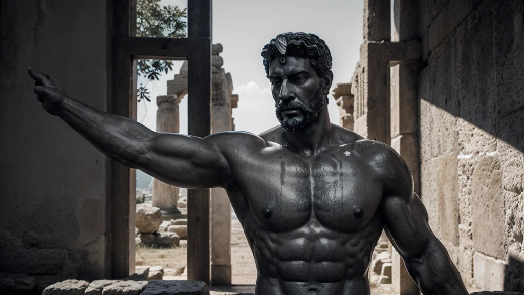 a portrait statue of the stoic Marcus Aurelius in black and white 4K, Super realistic ANCIENT GREEK RUINS, fully body, corpo stark, brawny, stark, wearing no shirt, tronco stark, stark, wearing no shirt, strong arms, 8K, ultra realisitic, cinematographic