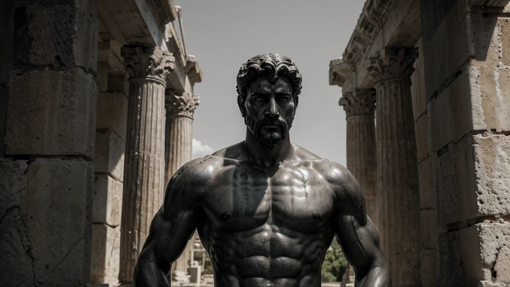 a portrait statue of the stoic Marcus Aurelius in black and white 4K, Super realistic ANCIENT GREEK RUINS, fully body, corpo stark, brawny, stark, wearing no shirt, tronco stark, stark, wearing no shirt, strong arms, 8K, ultra realisitic, cinematographic