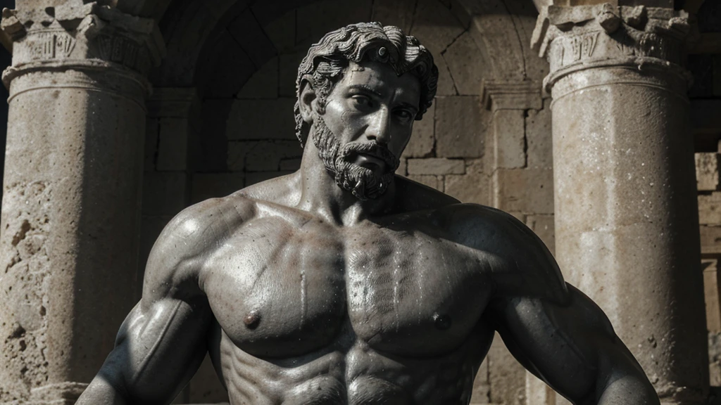 a portrait statue of the stoic Marcus Aurelius in black and white 4K, Super realistic ANCIENT GREEK RUINS, fully body, corpo stark, brawny, stark, wearing no shirt, tronco stark, stark, wearing no shirt, strong arms, 8K, ultra realisitic, cinematographic