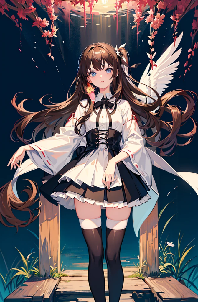 1girl, solo, outdoors, long hair, holy place, Original,(Illustration:1.1),(Best Quality),(masutepiece:1.1),(the Extremely Detailed CG Unity 8K Wallpapers:1.1), (Colorful:0.9),(mid-shot:0.95),(extremely detailed beautiful face),(Solo:1.2), (girl),(((Lori))), (Detailed beautiful eyes:1.15), (Beautiful face:1.15), (Glowing blue eyes:1.25////),(((Brown Long Hair))),(two side up),(+perfect hand+:1.21),(Draw illustration of Japan priestess costume),(slender),(White pleated skirt),(Gothic),((black thighhighs)),(frilld),(Beautiful Slender ta Girl),standing, girl,10 yirl,foggy place,
