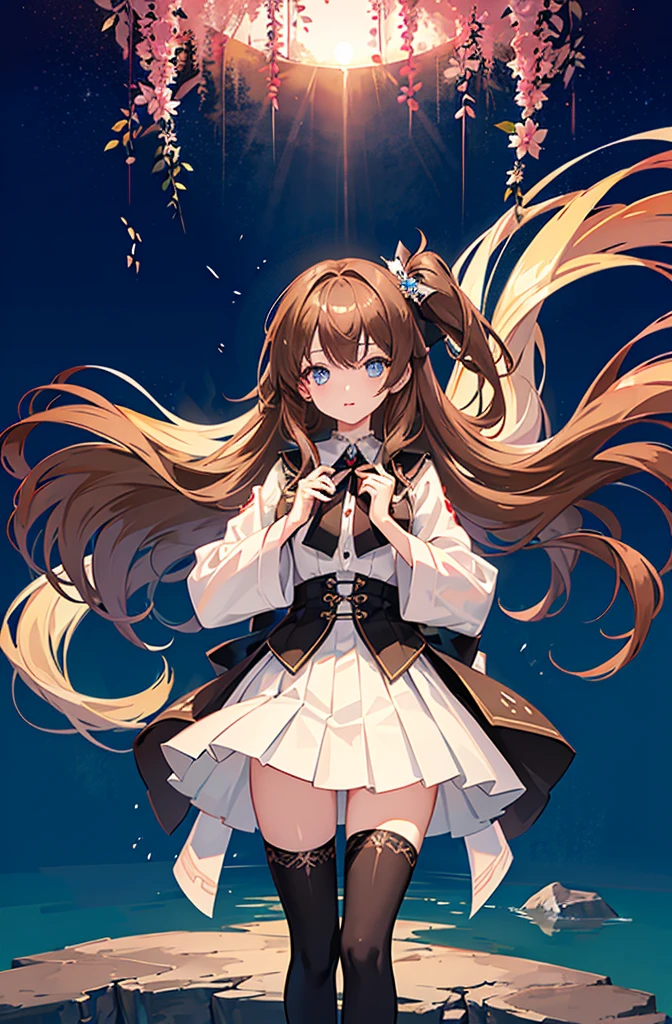 1girl,  solo, outdoors, long hair, holy place, Original,(Illustration:1.1),(Best Quality),(masutepiece:1.1),(the Extremely Detailed CG Unity 8K Wallpapers:1.1), (Colorful:0.9),(mid-shot:0.95),(extremely detailed beautiful face),(Solo:1.2), (girl),(((Lori))), (Detailed beautiful eyes:1.15), (Beautiful face:1.15), (Glowing blue eyes:1.25////),(((Brown Long Hair))),(two side up),(+perfect hand+:1.21),(Draw illustration of Japan priestess costume),(slender),(White pleated skirt),(Gothic),((black thighhighs)),(frilld),(Beautiful Slender Lolita Girl),standing, girl,10 years old,  girl,foggy place,