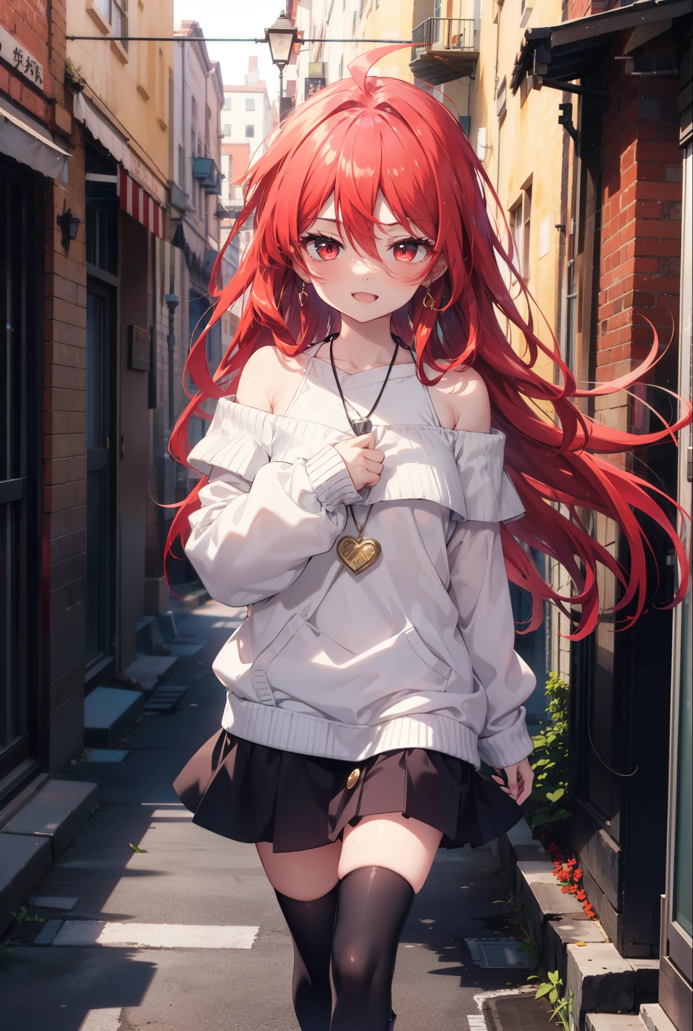 Shana,灼眼のShana,Long Hair, Red Hair, Red eyes,Ahoge,happy smile, smile, Open your mouth,Oversized off-the-shoulder sweater,Bare shoulders,bare clavicle,Bare neck,Locket Necklace,black long skirt,short boots,Daytime,sunny,Walking,whole bodyがイラストに入るように, break outdoors, Building district, break looking at viewer, whole body, break (masterpiece:1.2), Highest quality, High resolution, unity 8k wallpaper, (shape:0.8), (Beautiful attention to detail:1.6), Highly detailed face, Perfect lighting, Highly detailed CG, (Perfect hands, Perfect Anatomy),
