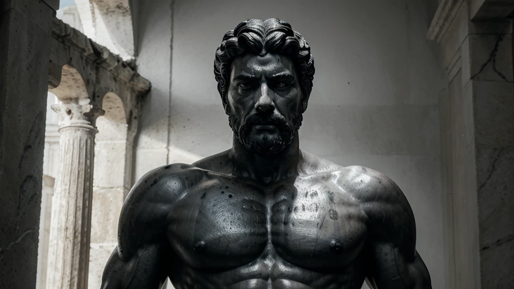 a portrait statue of the stoic Marcus Aurelius in black and white 4K, Super realistic ANCIENT GREEK RUINS, fully body, corpo stark, brawny, stark, wearing no shirt, tronco stark, stark, wearing no shirt, strong arms, 8K, ultra realisitic, cinematographic
