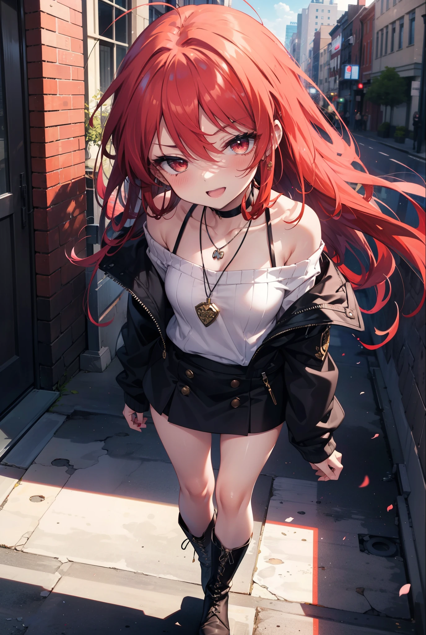 Shana,灼眼のShana,Long Hair, Red Hair, Red eyes,Ahoge,happy smile, smile, Open your mouth,Oversized off-the-shoulder sweater,Bare shoulders,bare clavicle,Bare neck,Locket Necklace,black long skirt,short boots,Daytime,sunny,Walking,whole bodyがイラストに入るように, break outdoors, Building district, break looking at viewer, whole body, break (masterpiece:1.2), Highest quality, High resolution, unity 8k wallpaper, (shape:0.8), (Beautiful attention to detail:1.6), Highly detailed face, Perfect lighting, Highly detailed CG, (Perfect hands, Perfect Anatomy),