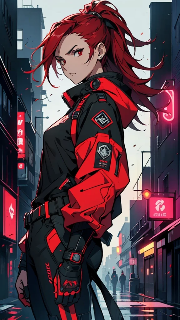 (masterpiece, best quality, Detailed), detailed face. A cinematographic scene of a serious badass long red hair girl, red eyes, with black techwear clothes, Neon lights and buildings background.
