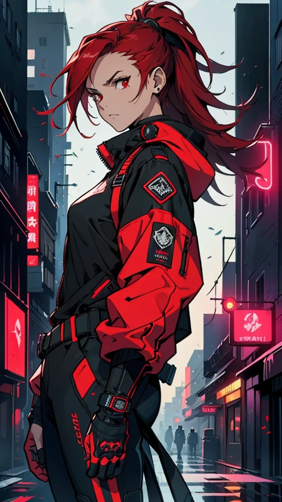 (masterpiece, best quality, Detailed), detailed face. A cinematographic scene of a serious badass long red hair girl, red eyes, with black techwear clothes, Neon lights and buildings background.
