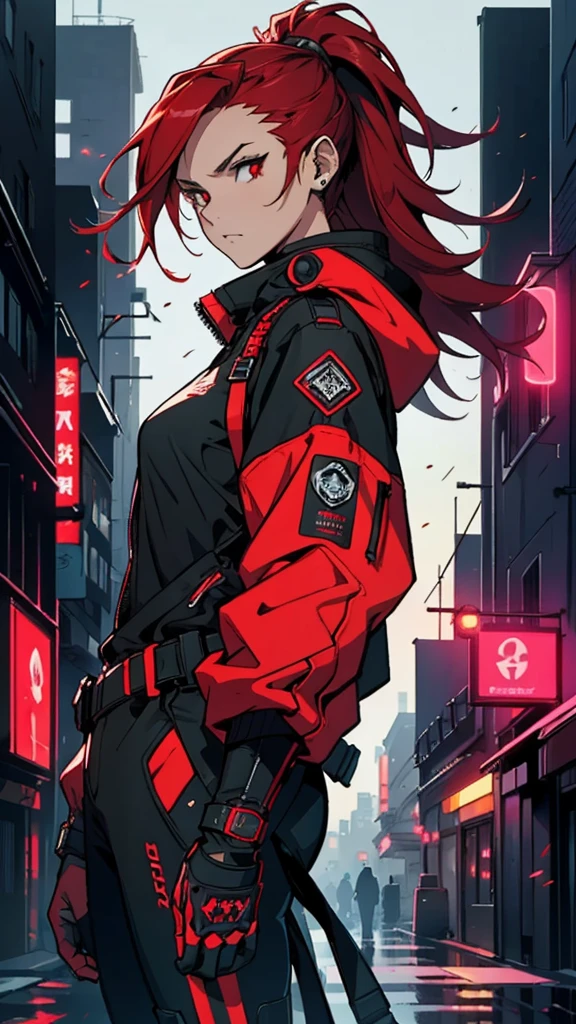 (masterpiece, best quality, Detailed), detailed face. A cinematographic scene of a serious badass long red hair girl, red eyes, with black techwear clothes, Neon lights and buildings background.
