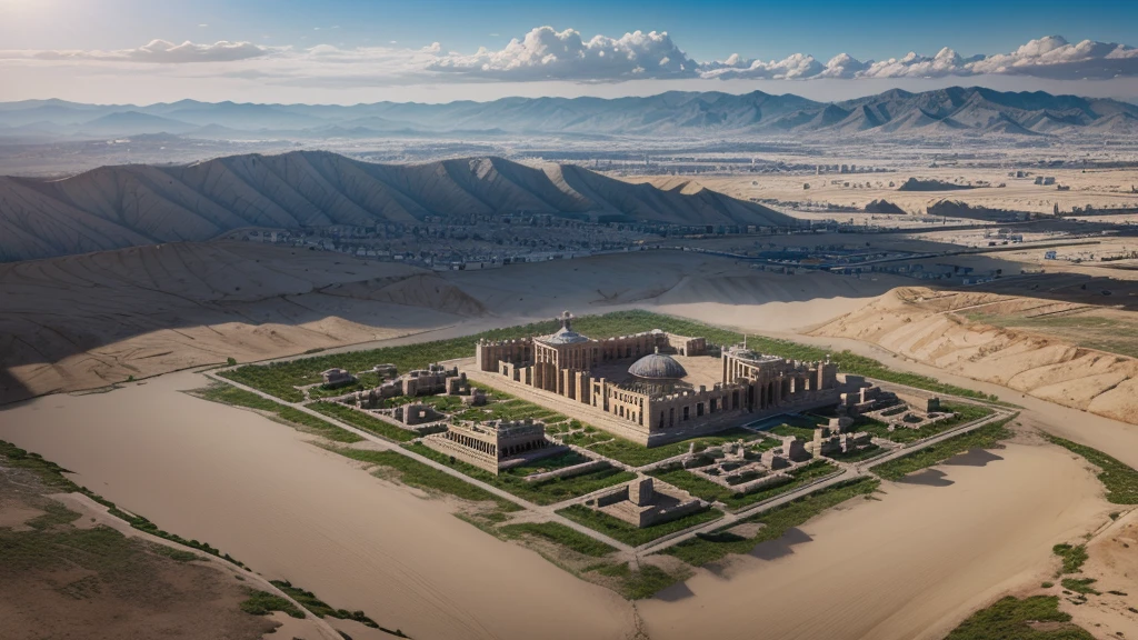 Create the image of the ancient city of Shushan, highlighted by the ancient palace of King Xerxes I, great king of the Persian empire.
I want an aerial image of the city with emphasis on the large and luxurious palace.
I want a high-definition, 8k image with no hand defects or smudges.