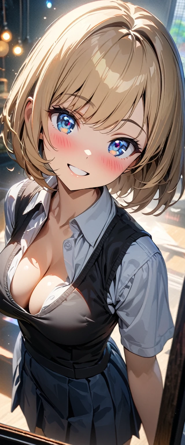(((One girl))), blond hair, bob cut, from above, (cowboy shot), (looking at viewer), face in focus, breasts, ager, head tilt:1.3, (((blue eye))), ((happy smile)), ((blush)), contrapposto, school summer uniform, white shirts, skirt, black waistcoat, ((cleavage)), anime style, (best quality, 4k, 8k, highres, masterpiece:1.2, ultra-detailed, ultra-detailed eyes, HDR, UHD, studio lighting, ultra-fine painting, sharp focus, physically-based rendering, extreme detail description, professional, vivid colors, bokeh)
