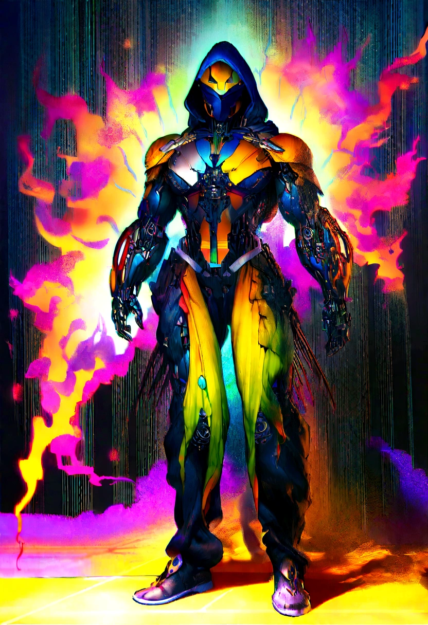 masterpiece, cyborg, The body is glamorous、, Wearing a hood, Shrouded in shadow,Wear an aura , Positano colours, Completely in frame, whole body, Emits electrical energy, whole body, Beautiful girl in beautiful anime waifu style, Ultra-detailed CG paintings, Luminism, Art by Kahn Griffith and Vadim Kashin Concept Art, 8Kresolution, 16kresolution、Fractal isometric details、 Bioluminescence , complicatedly detailed , Cinematic, trending on art station Isometric Centered hyper Realistic cover photo awesome full color, Grainy, Realistic, complicated, Hit definition , Cinematic, Bold, Vibrant, amazing, Super high quality model、Being pelted by rain in the dark、Controlling Lightning、Red eyes