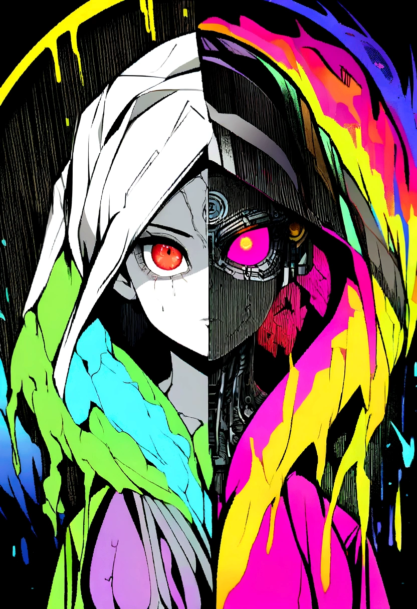 masterpiece, cyborg, The body is glamorous、, Wearing a hood, Shrouded in shadow,Wear an aura , Positano colours, Completely in frame, whole body, Emits electrical energy, whole body, Beautiful girl in beautiful anime waifu style, Ultra-detailed CG paintings, Luminism, Art by Kahn Griffith and Vadim Kashin Concept Art, 8Kresolution, 16kresolution、Fractal isometric details、 Bioluminescence , complicatedly detailed , Cinematic, trending on art station Isometric Centered hyper Realistic cover photo awesome full color, Grainy, Realistic, complicated, Hit definition , Cinematic, Bold, Vibrant, amazing, Super high quality model、Being pelted by rain in the dark、Controlling Lightning、Red eyes