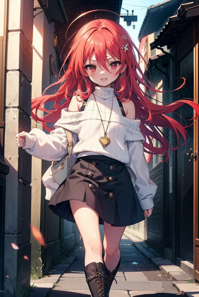 Shana,灼眼のShana,Long Hair, Red Hair, Red eyes,Ahoge,happy smile, smile, Open your mouth,Oversized off-the-shoulder sweater,Bare shoulders,bare clavicle,Bare neck,Locket Necklace,black long skirt,short boots,Daytime,sunny,Walking,whole bodyがイラストに入るように, break outdoors, Building district, break looking at viewer, whole body, break (masterpiece:1.2), Highest quality, High resolution, unity 8k wallpaper, (shape:0.8), (Beautiful attention to detail:1.6), Highly detailed face, Perfect lighting, Highly detailed CG, (Perfect hands, Perfect Anatomy),