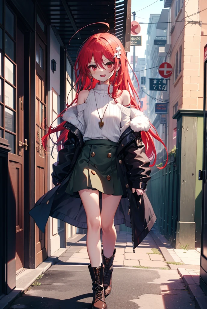 Shana,灼眼のShana,Long Hair, Red Hair, Red eyes,Ahoge,happy smile, smile, Open your mouth,Oversized off-the-shoulder sweater,Bare shoulders,bare clavicle,Bare neck,Locket Necklace,black long skirt,short boots,Daytime,sunny,Walking,whole bodyがイラストに入るように, break outdoors, Building district, break looking at viewer, whole body, break (masterpiece:1.2), Highest quality, High resolution, unity 8k wallpaper, (shape:0.8), (Beautiful attention to detail:1.6), Highly detailed face, Perfect lighting, Highly detailed CG, (Perfect hands, Perfect Anatomy),