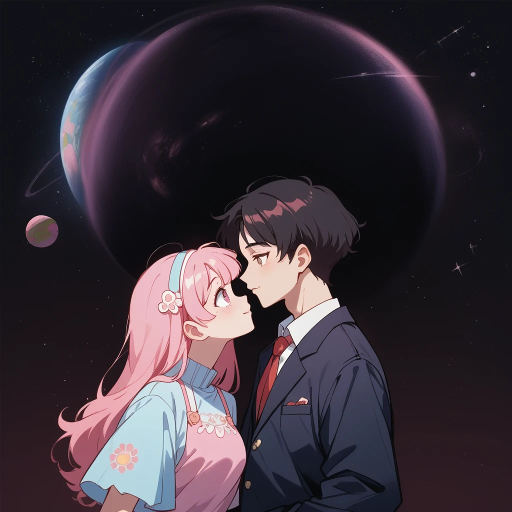 they are поцелуи in front of a galaxy and big planet ночью, big pink planet in the background, поцелуи together cutely, couple поцелуи, They are in love, taken at night, big pink planet in the background, boy and girl, girl with blond hair