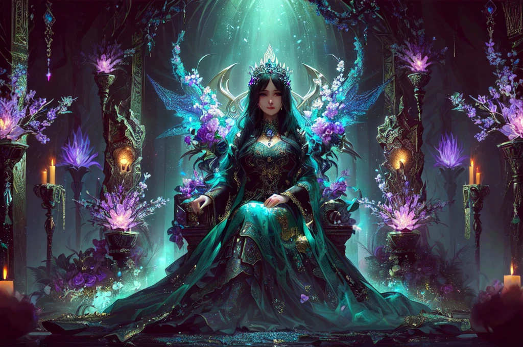 a woman sitting on a throne surrounded by candles and flowers, 4K fantasy art, beautiful fantasy art, epic fantasy art style hd, fantasy art style, very beautiful fantasy art, detailed fantasy art, fantasy art in high definition, detailed fantasy digital art, fantasy style art., Fae Priestess, colorful digital fantasy art, a beautiful fantasy empress, 8K fantasy art, Improve the face, Evado details in eyes and facial features