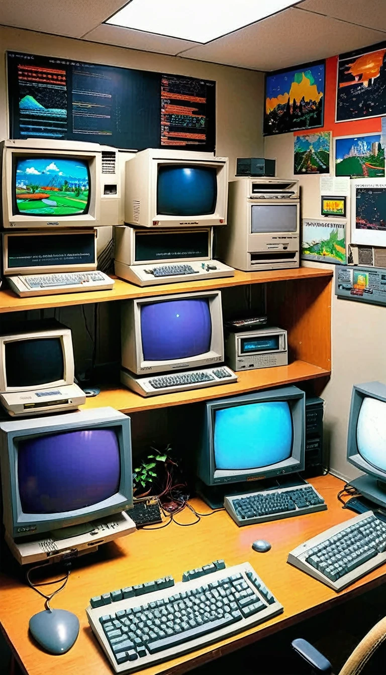 A game development room from the 1980s with a CRT monitor, old computers, and various game development tools. The room has a creative, innovative atmosphere with concept art and storyboards on the wall.