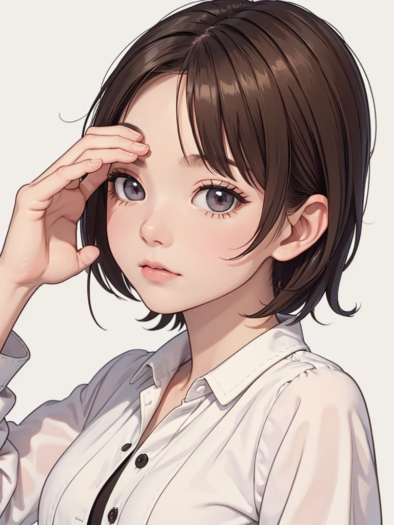 (((masterpiece, best quality, ultra highres, 1 girl, solo, no background))), super detailed skin and face and eyes and finger, beautiful japanese woman, small breasts:1.5, skinny, light brown hair, white background, very short pixie hair, (an illustration of girl), Knee shot, Generate with illustrations, Various expressions, Various poses,  outline, anime, casual fashion,