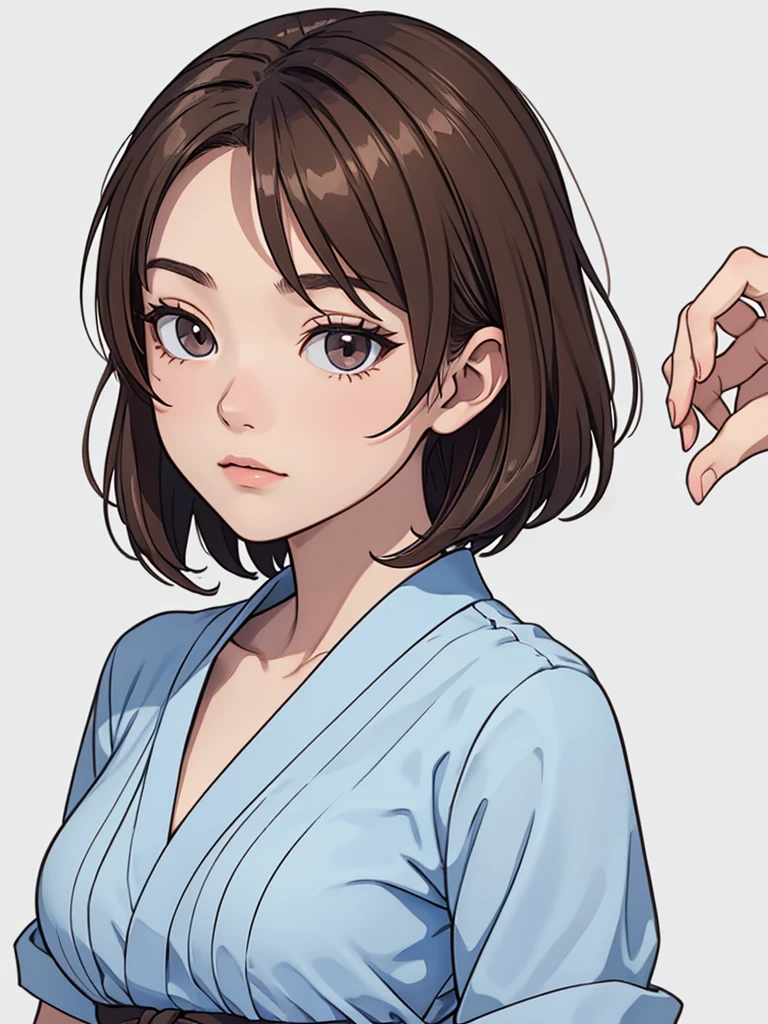 (((masterpiece, best quality, ultra highres, 1 girl, solo, no background))), super detailed skin and face and eyes and finger, beautiful japanese woman, small breasts:1.5, skinny, light brown hair, white background, very short pixie hair, (an illustration of girl), Knee shot, Generate with illustrations, Various expressions, Various poses, outline, anime, casual fashion,