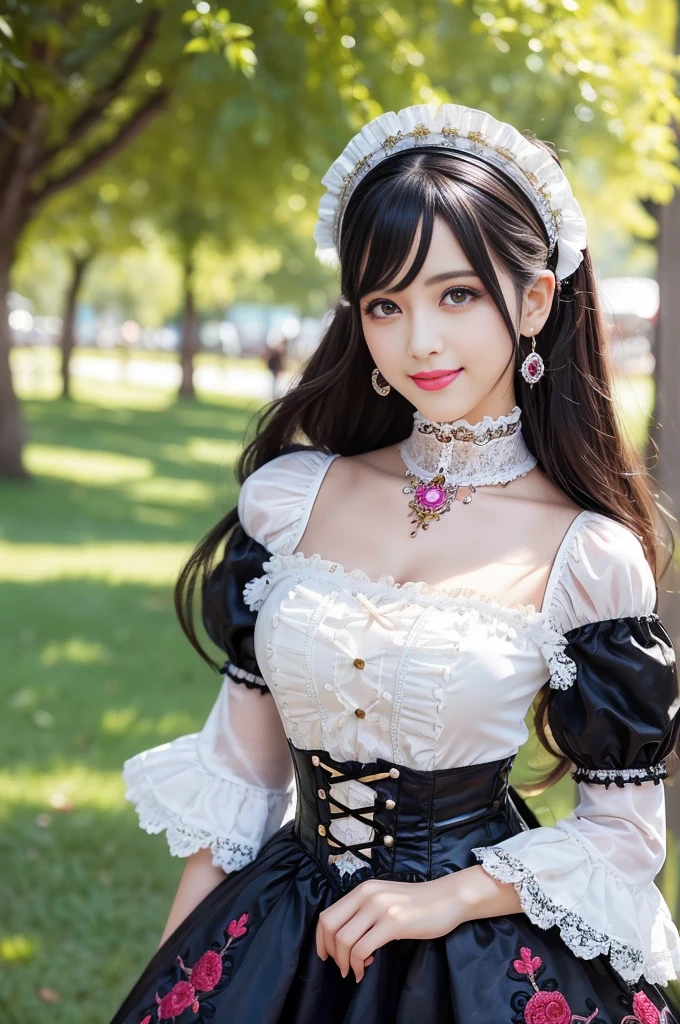 sexy stylish Spanish model, only 1 female, ((doll-like appearance)), ((very detailed Victorian-Style boots)), (smiling face), very detailed eyes, vivid eye makeup, lipgloss, long lashes, defined eyebrows, ((sexy Paradise Kiss cosplay)), bell-shaped skirt, petticoats, high neckline, puffed sleeves, ((very detailed lace)), ((very detailed embroidery)), intricate details, Paradise Kiss accessoires and matching headpiece, Paradise Kiss choker, ((large sparkling Paradise Kiss jewelry)), cinematic light, detailed large park background with trees