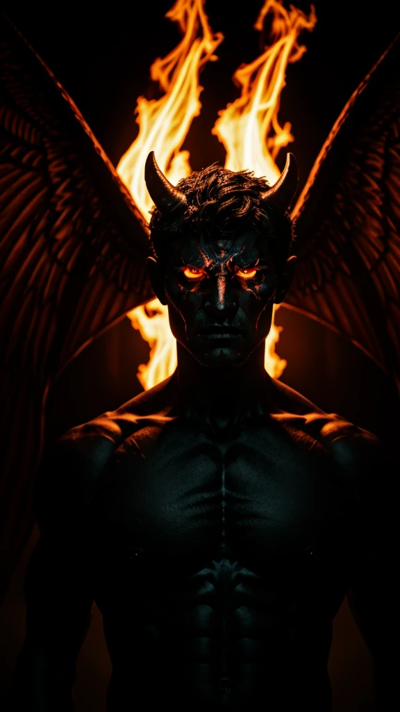 ( realistic)Create a hyper-realistic photograph of the demon Baal, drawing on esoteric and religious descriptions. Baal appears as a powerful and ancient figure, with three heads: one of a toad, one of a cat, and one of a human. The human head has regal, almost kingly features with a stern expression, a crown of dark, twisted metal, and glowing, fiery eyes. His body is a blend of muscular human form and demonic traits, with dark, leathery wings folded behind him and clawed hands. He stands in a dark, infernal landscape with flames and shadows dancing around. The atmosphere is intense and foreboding, capturing the essence of his dark power.Use a Sony A7R IV camera for ultra-high resolution and realism, with a focus on intricate details and lifelike textures. The lighting is dramatic, with a mix of deep shadows and flickering firelight, highlighting the demonic features and creating a sense of depth and menace.