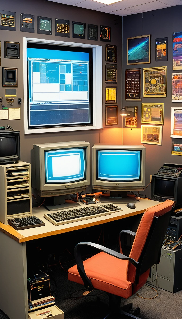 A game development room from the 1980s with a CRT monitor, old computers, and various game development tools. The room has a creative, innovative atmosphere with concept art and storyboards on the wall.