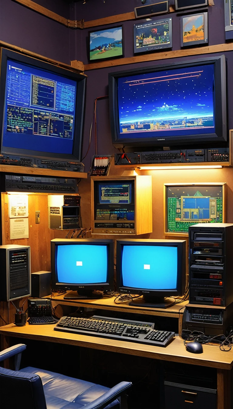 A game development room from the 1980s with a CRT monitor, old computers, and various game development tools. The room has a creative, innovative atmosphere with concept art and storyboards on the wall.