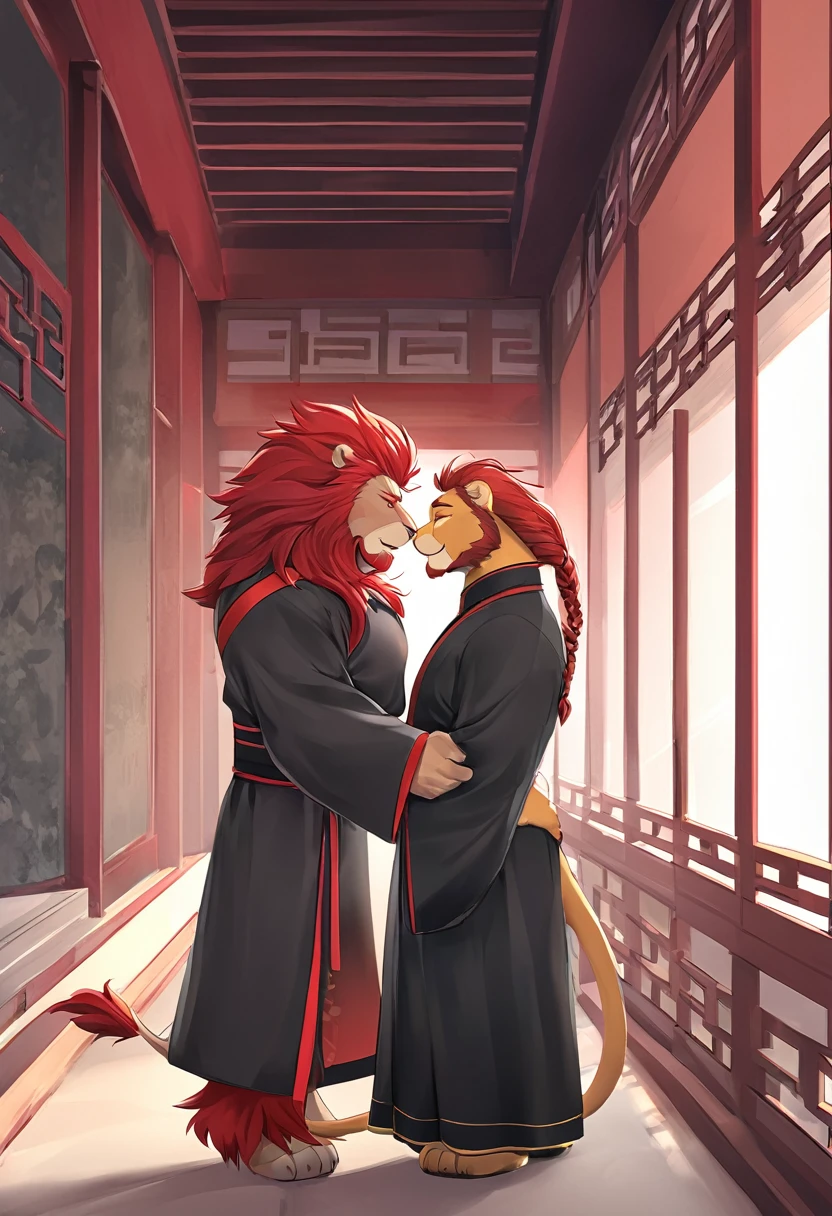 lion,personification,Mature male,Strong Man,Red hair,Passionate expression,Red pupil,Red eyebrows,Braids,Black Hanfu,Temple corridor。
