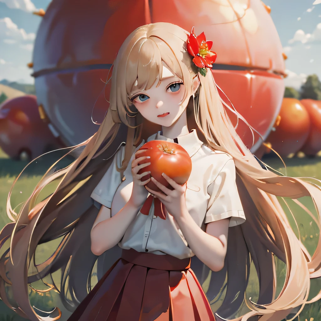 masterpiece, Highest quality, 8k wallpaper, Very detailed, A girl , Golden Hair, Long Hair, fine grain、(Red Skirt)、 White dress shirt,(A single large red flower hair ornament),Light blue eyes、Expression of joy、Shooting from the front、Standing by the field、(Holding a giant tomato in both hands)、Dark Taste