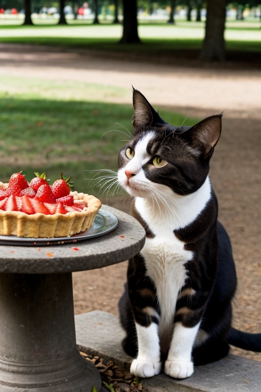 A cat eating a strawberry pie in the park 