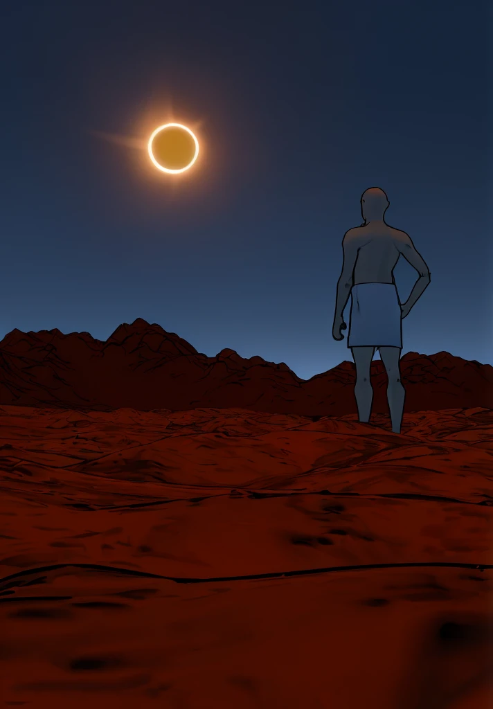 a surreal and mysterious scene in an alien desert during a solar eclipse. The landscape should be reddish and rocky, with dark mountains in the background. Include a humanoid character from behind, observing the eclipse in the sky. The sky should be dark with a bright ring of light around the eclipsed sun. Add stylized black outlines to the elements to give a unique graphic effect