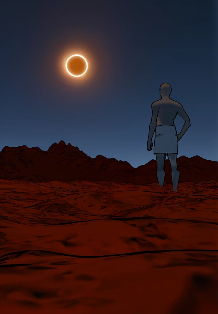 a surreal and mysterious scene in an alien desert during a solar eclipse. The landscape should be reddish and rocky, with dark mountains in the background. Include a humanoid character from behind, observing the eclipse in the sky. The sky should be dark with a bright ring of light around the eclipsed sun. Add stylized black outlines to the elements to give a unique graphic effect