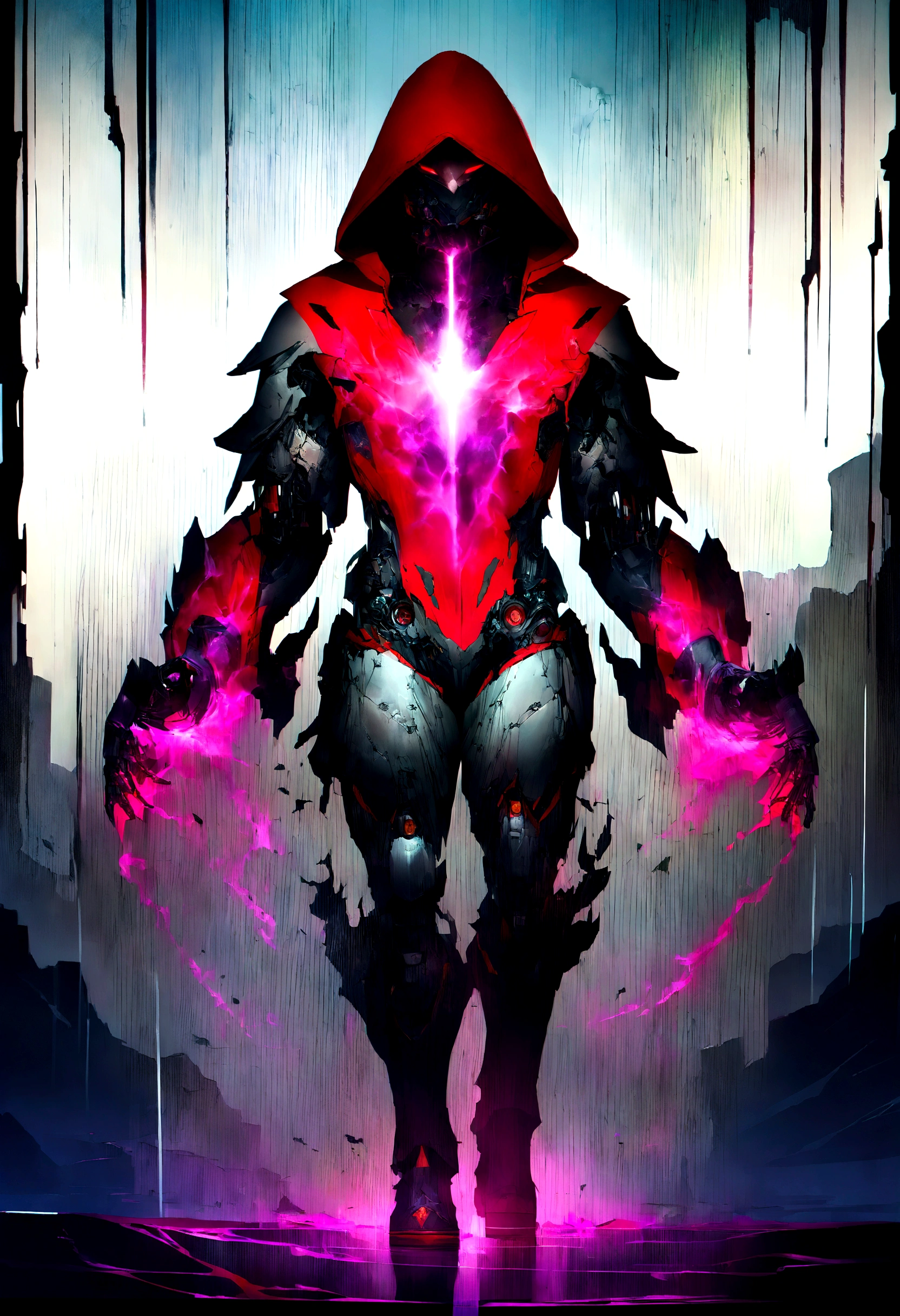 masterpiece, cyborg, The body is glamorous、, Wearing a hood, Shrouded in shadow,Wear an aura , Positano colours, Completely in frame, whole body, Emits electrical energy, whole body, Beautiful girl in beautiful anime waifu style, Ultra-detailed CG paintings, Luminism, Art by Kahn Griffith and Vadim Kashin Concept Art, 8Kresolution, １６ｋresolution、Fractal isometric details、 Bioluminescence , complicatedly detailed , Cinematic, trending on art station Isometric Centered hyper Realistic cover photo awesome full color,  Grainy, Realistic, complicated, Hit definition , Cinematic, Bold, Vibrant, amazing, Super high quality model、Being pelted by rain in the dark、Controlling Lightning、Red eyes