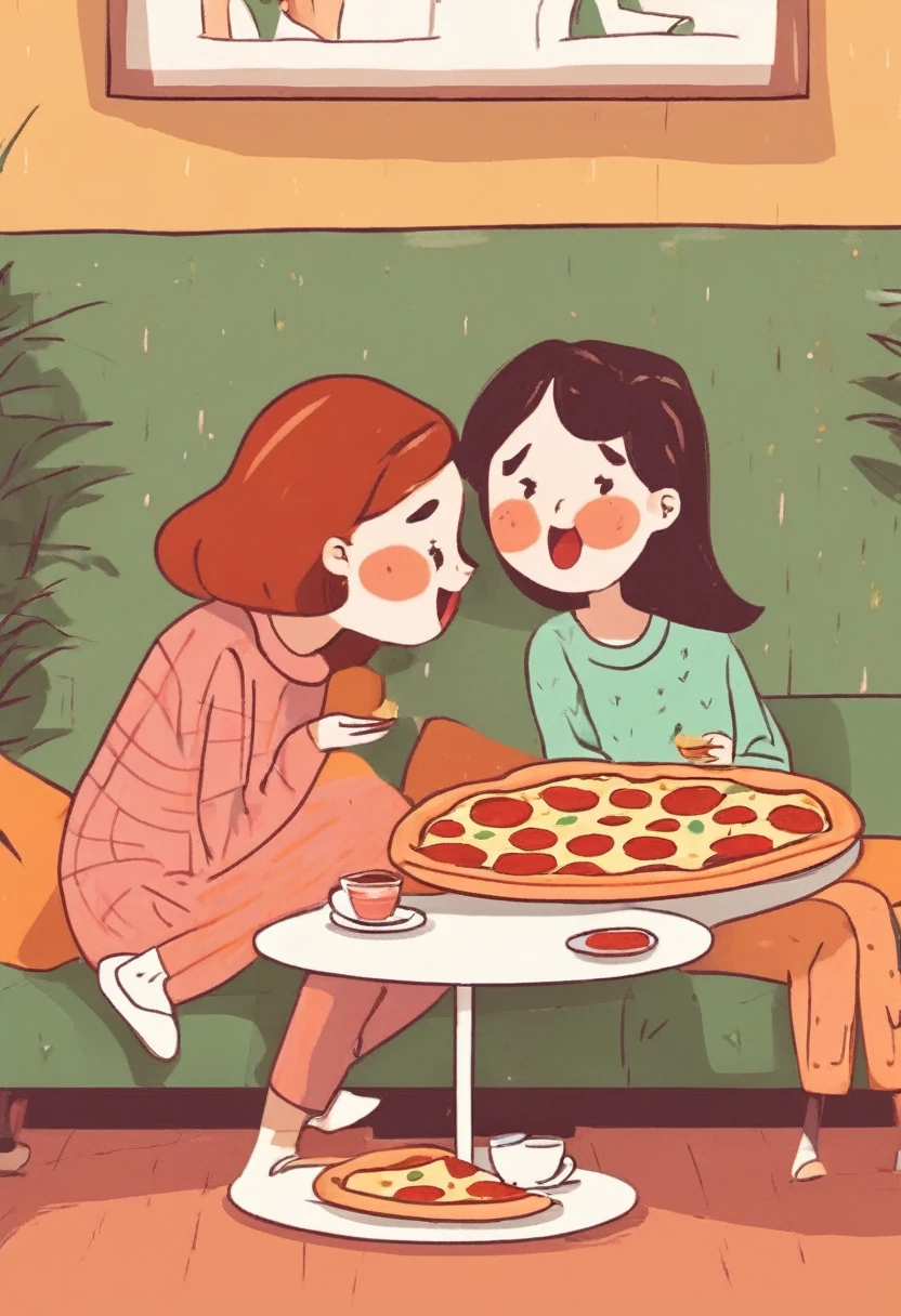 I want an image of two girls that are sitting in front of each other on couches and they're talking. There is a slice of pizza in thr hand of one of them and a cup of half tea in the hand of the other one. Which has a slice of pizza should be stretched on thr couch.