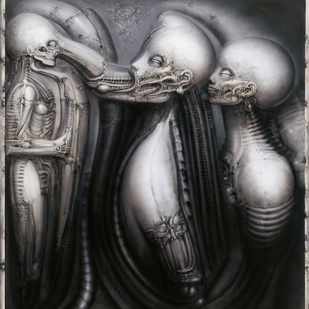 The image is a detailed view of H.R. Giger's Tableau \"NYC \" plate.  The image is a black and white illustration depicting a surreal landscape with a large city-like structure, featuring intricate pipes and mechanical parts, set against a cloudy sky.
 It's acomplex, abstract bone and ivory structure that resembles pipes and wires. The structure is composed of numerous pipes and wires intertwining and overlapping each other in a chaotic yet harmonious manner.
The style  is clearly biomechanical. Features combination of organic and mechanical forms. Mechanical elements dominate the background of composition, there are subtle organic hints. The use of undersaturated purple-grays dark contrasts creates a stark and graphic look. Is used a variety of linework techniques to create different textures. Fine, parallel lines create a smooth, metallic texture,while thicker, more cursive lines suggest cables or wires. The artwork is shiny and purplish brown, with an ivory bones prominently displayed. The image is highly detailed and intricate, almost like a 3d version of a medical diagram (detailed view of an anatomy sketch, possibly of a humanoid body, with transparent organs and bones exposed). The piece has a thick mechano-organic texture and is covered in fine details. The image has a swirling, organic quality to it. The artistic manner would be unmistakably Gigeresque. A dark and unsettling beauty would permeate the piece, blurring the lines between fascination and repulsion , forever haunted by the grotesque allure. Giger's signature artistic manner would be evident in every stroke. The airbrush would be wielded with masterful precision to create a hyperrealistic yet yet nightmarish aesthetic.
 The texture of ivory with signs of burning and fossilization can be seen in the mix of smooth and rough brushstrokes,hrgiger,HRGigerArhP style