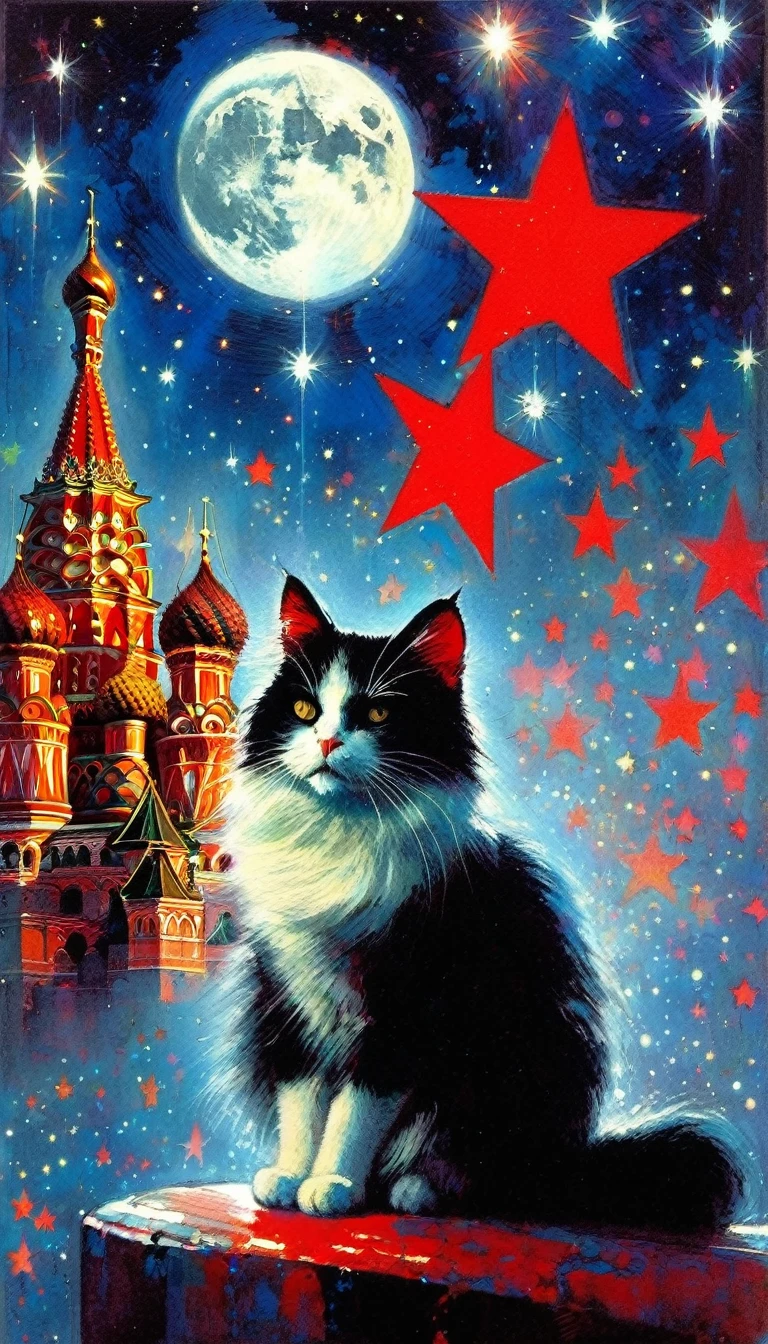1communist cat, red star, magic, fantastic, night sky, moon, stars, background, Moscow (art inspired in Bill Sienkiewicz). oil painting)
