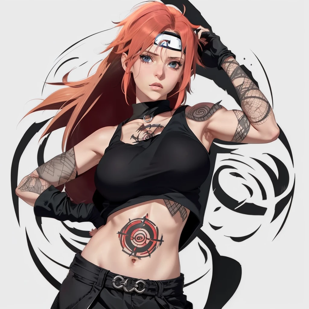 Sarada Uchiha,Absolutely drop dead Gorgeous, detailed & clear Red Mangekyou sharingan eyes, Dd breasts, looking at viewer seductively, Red hair,medium breasts, antenna hair, hair between eyes,  looking at viewer, ahoge, expressionless, bangs, Red hair,  Black boobtube with uchiha logo and hokage cloak over it with a short white skirt, black thigh-highs,Red flame gloves
