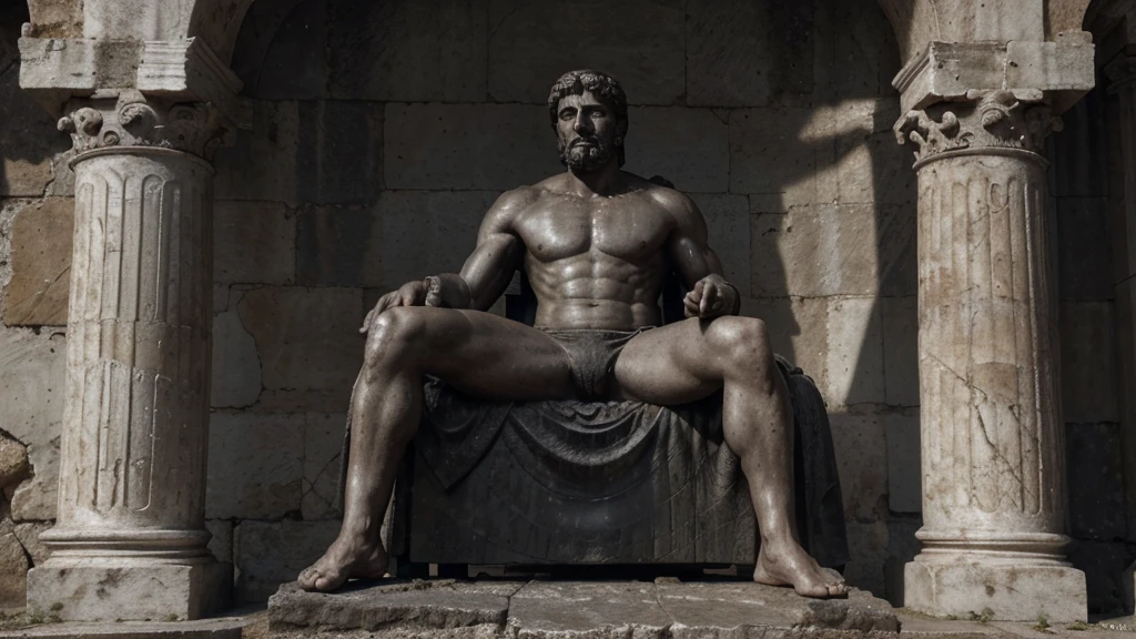 a portrait statue of the stoic Marcus Aurelius in black and white 4K, Super realistic ANCIENT GREEK RUINS, fully body, corpo stark, brawny, stark, wearing no shirt, tronco stark, stark, wearing no shirt, strong arms, 8K, ultra realisitic, cinematographic
