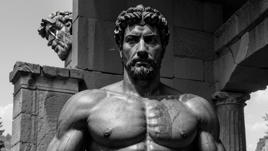 a portrait statue of the stoic Marcus Aurelius in black and white 4K, Super realistic ANCIENT GREEK RUINS, fully body, corpo stark, brawny, stark, wearing no shirt, tronco stark, stark, wearing no shirt, strong arms, 8K, ultra realisitic, cinematographic