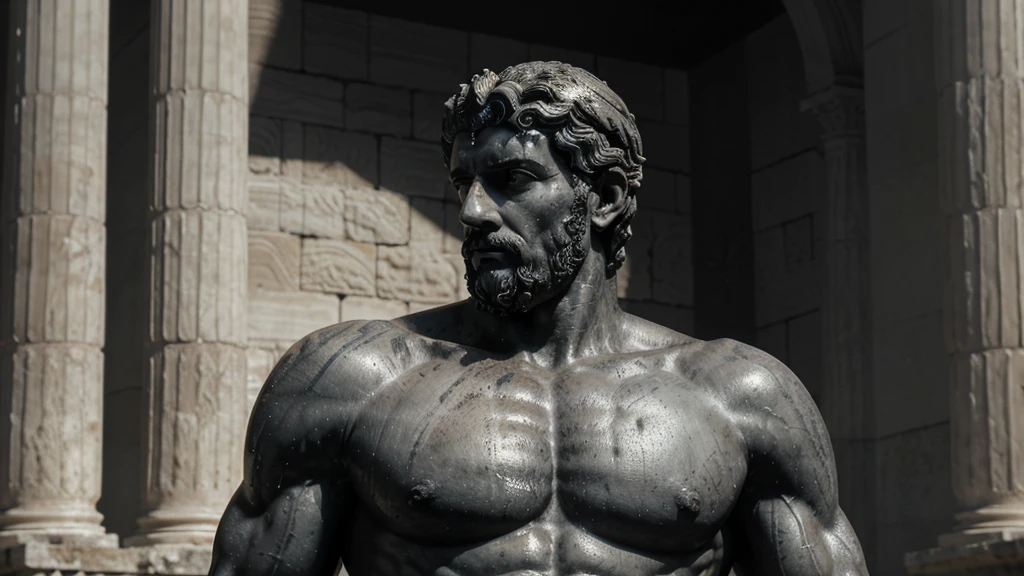 a portrait statue of the stoic Marcus Aurelius in black and white 4K, Super realistic ANCIENT GREEK RUINS, fully body, corpo stark, brawny, stark, wearing no shirt, tronco stark, stark, wearing no shirt, strong arms, 8K, ultra realisitic, cinematographic