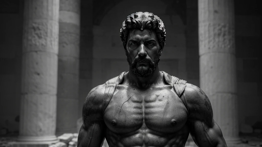 a portrait statue of the stoic Marcus Aurelius in black and white 4K, Super realistic ANCIENT GREEK RUINS, fully body, corpo stark, brawny, stark, wearing no shirt, tronco stark, stark, wearing no shirt, strong arms, 8K, ultra realisitic, cinematographic